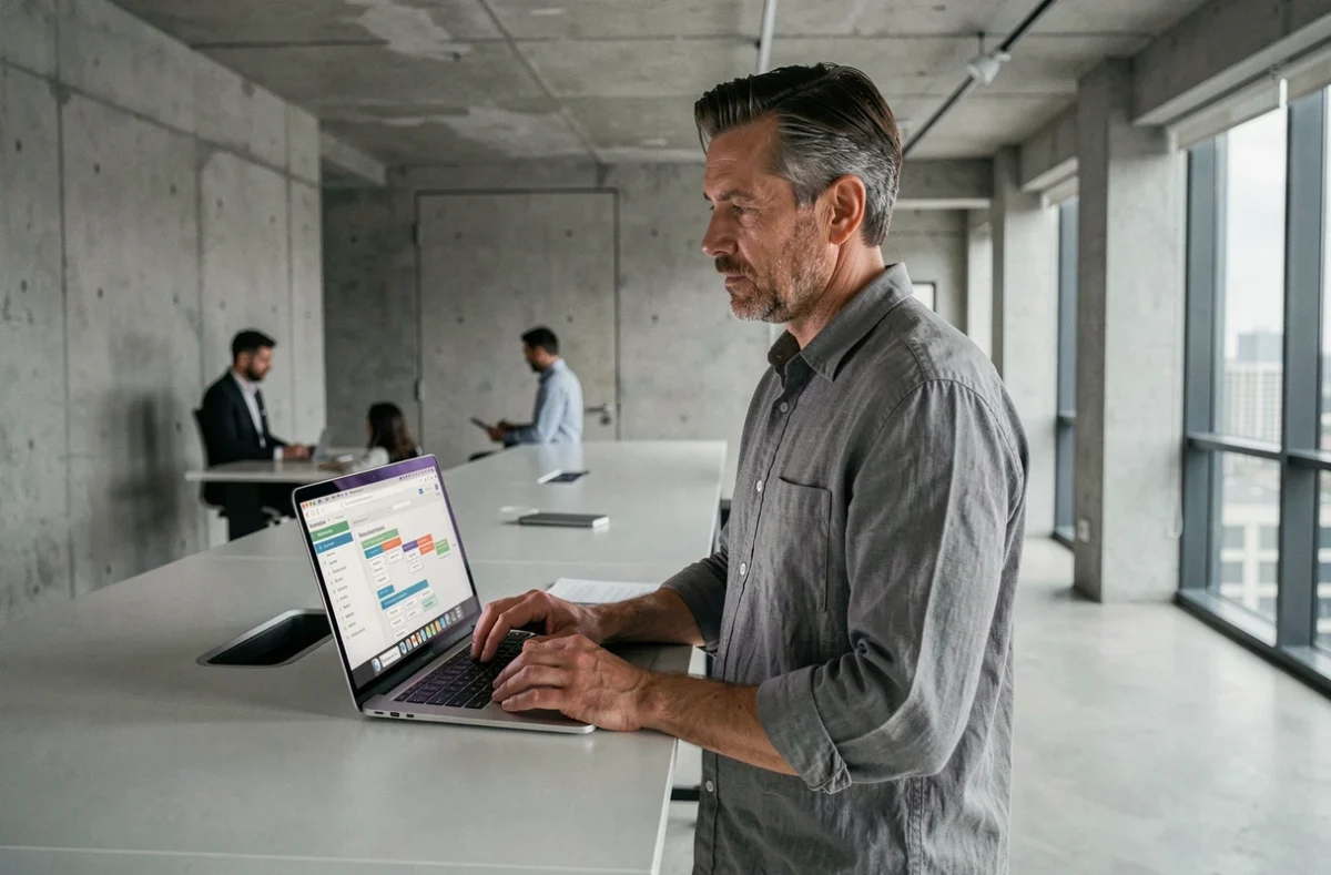 Homme consultant le plan du site Philippe Bredif sur un ordinateur portable dans un bureau professionnel