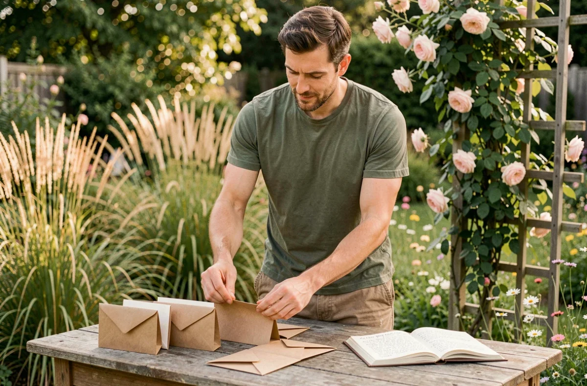 Homme organisant des sachets de graines et un journal de jardinage sur une table en bois dans un jardin naturel fleuri