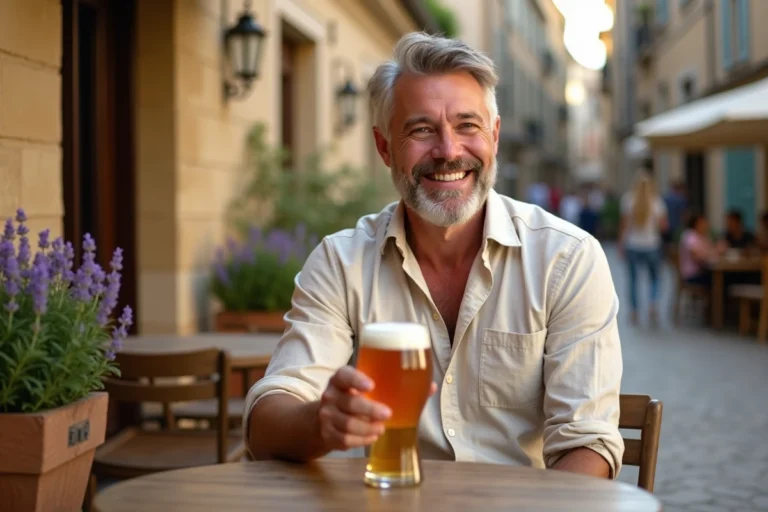 Homme savourant un picon bière en terrasse d'un bistrot français pour favoriser la digestion
