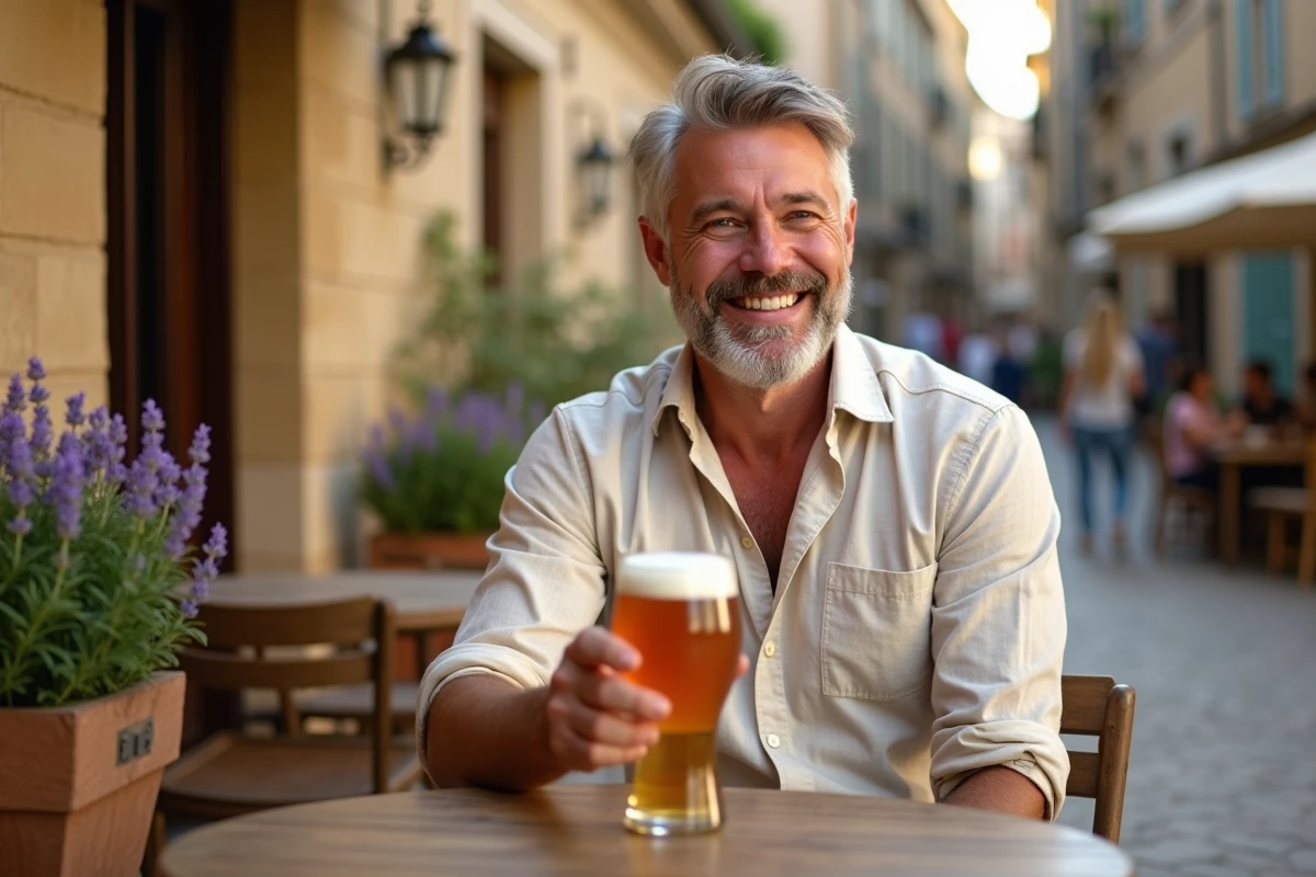 Homme savourant un picon bière en terrasse d'un bistrot français pour favoriser la digestion