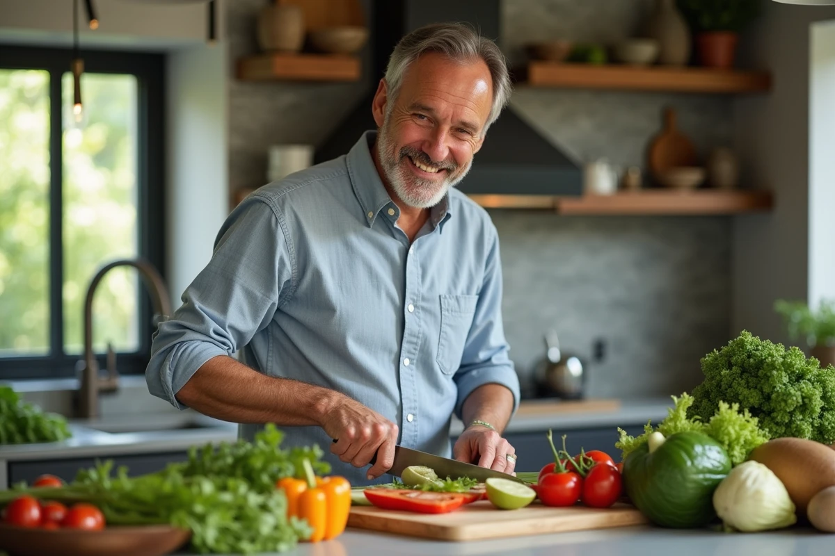 Homme en cuisine coupant des légumes frais