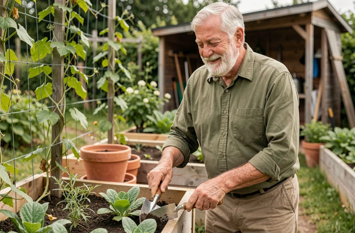 Homme retraité épanoui jardinant dans son potager communautaire