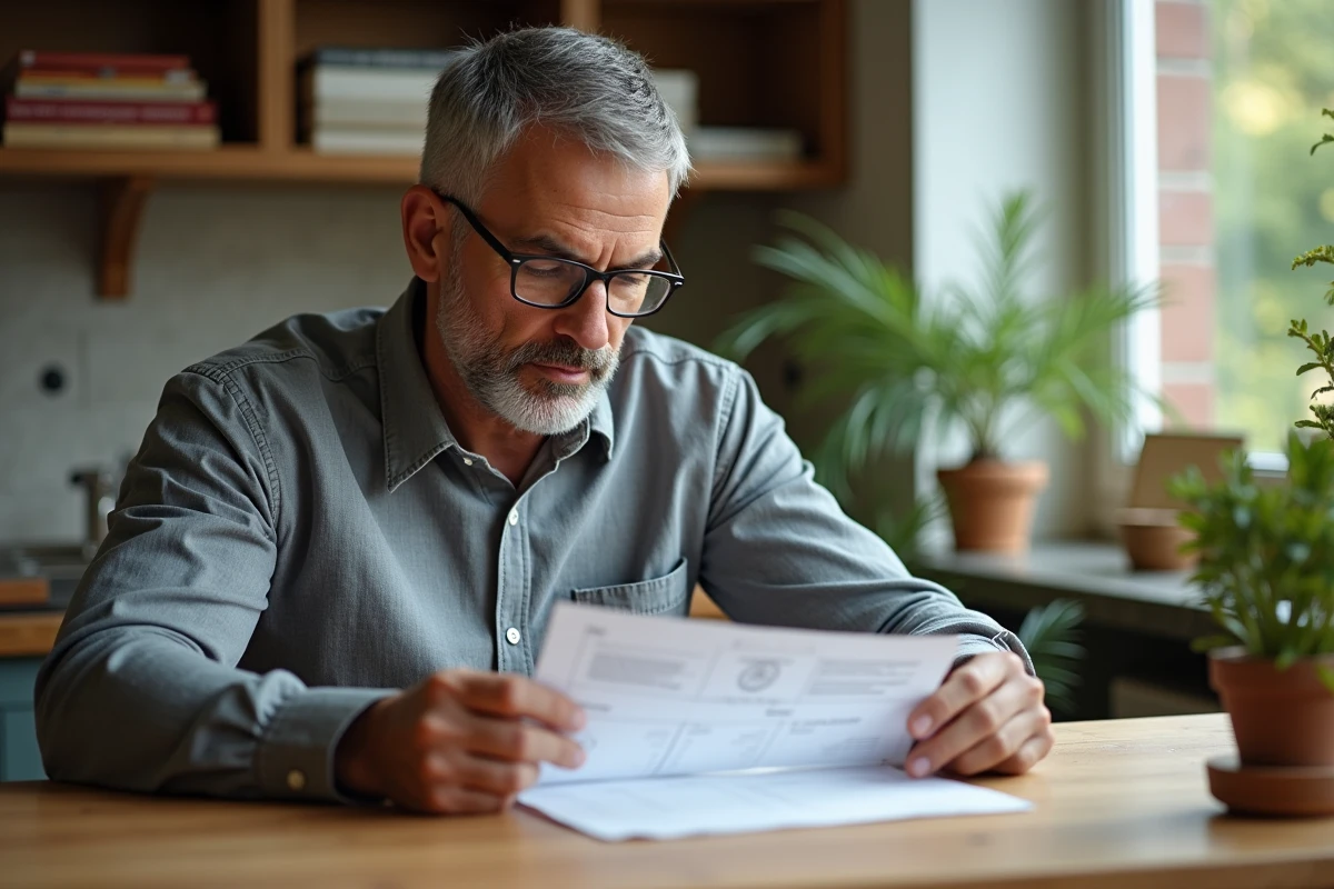 Homme consultant et annotant un terme de référence de projet depuis son bureau à domicile