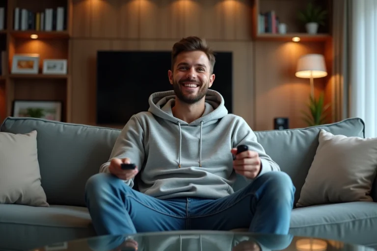 Jeune homme souriant sur un canapé dans un salon moderne