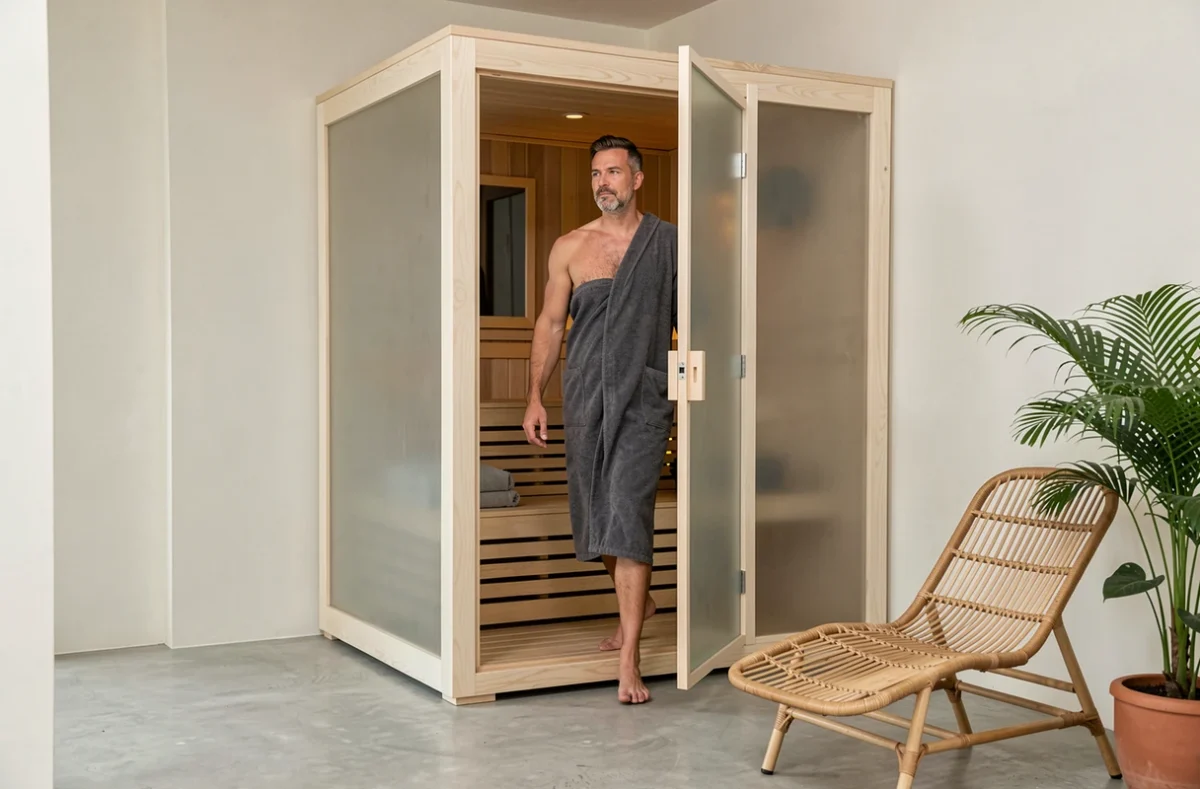 Homme sortant d'un sauna en verre dans un espace spa minimaliste scandinave avec fauteuil en rotin et plante tropicale