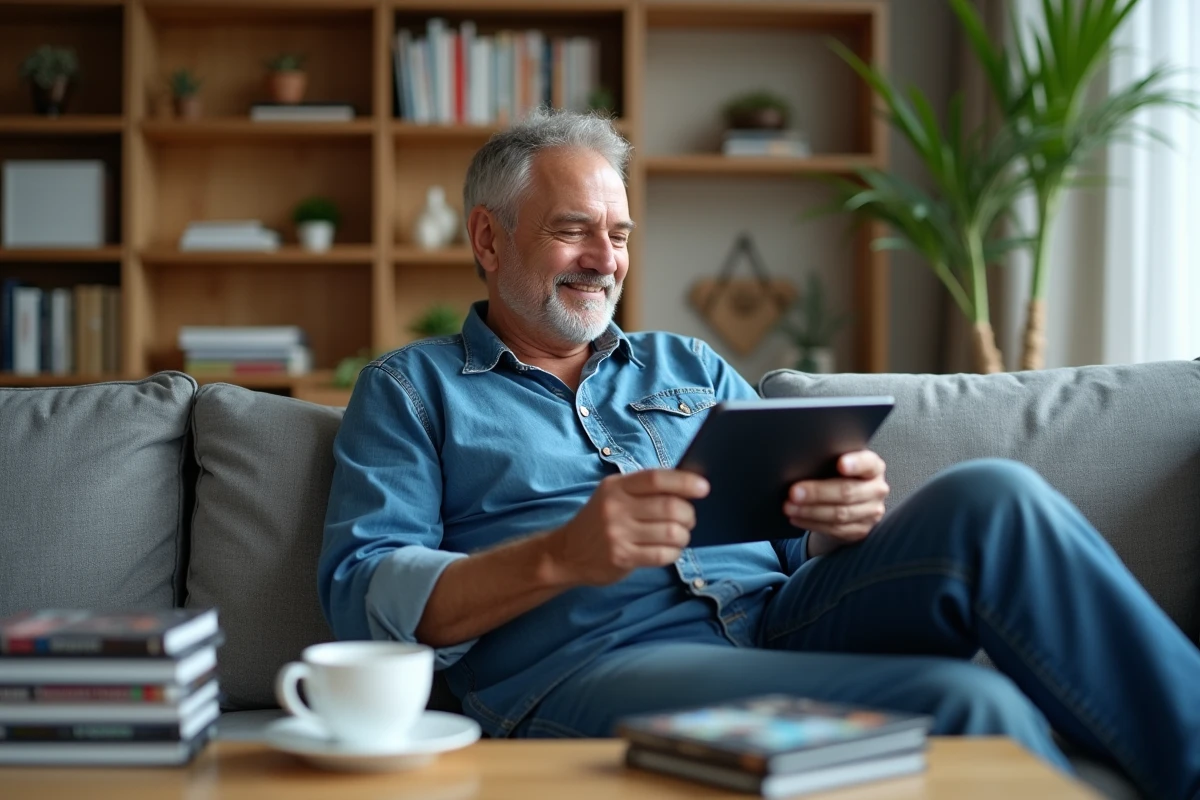 Homme détendu regardant une tablette dans un salon lumineux