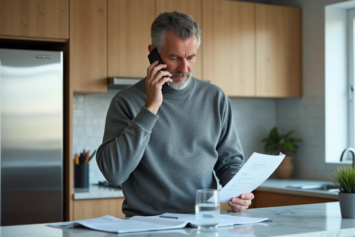 Homme au téléphone tenant une facture pour suivre sa demande de remboursement EF