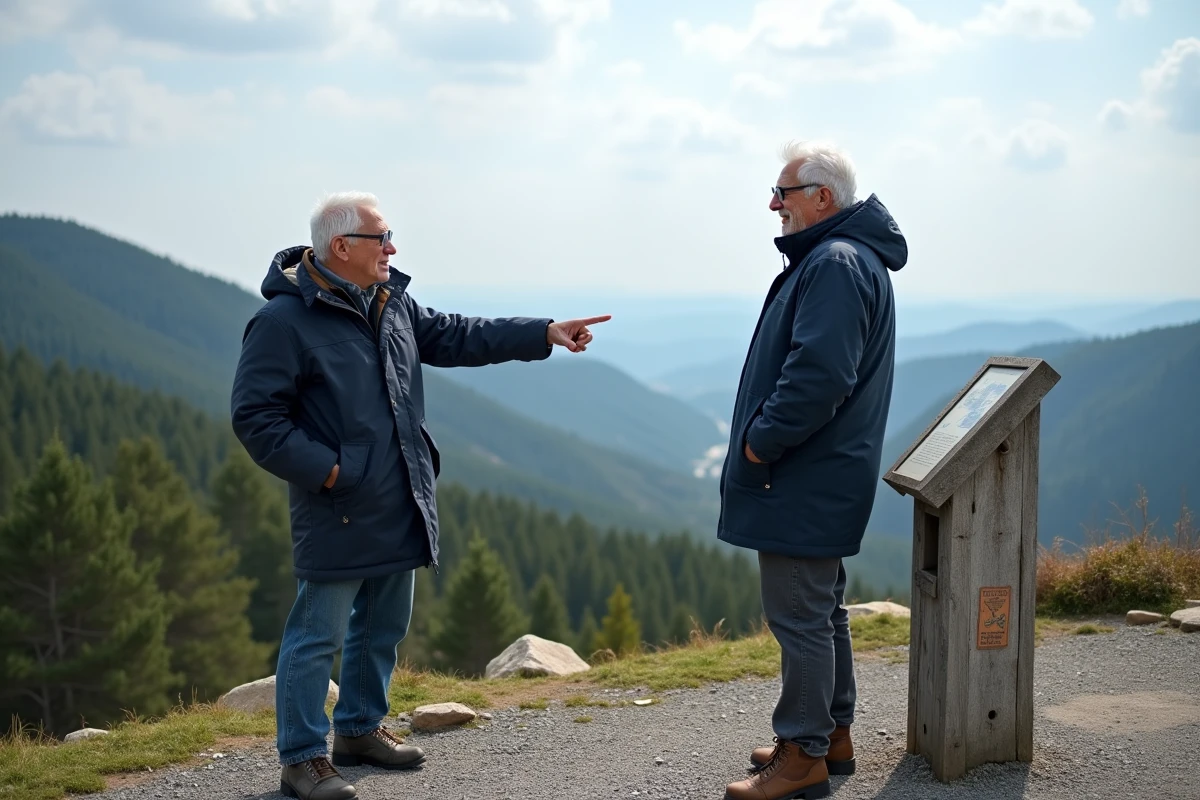 Homme âgé pointant vers le paysage près de la webcam La Jasserie
