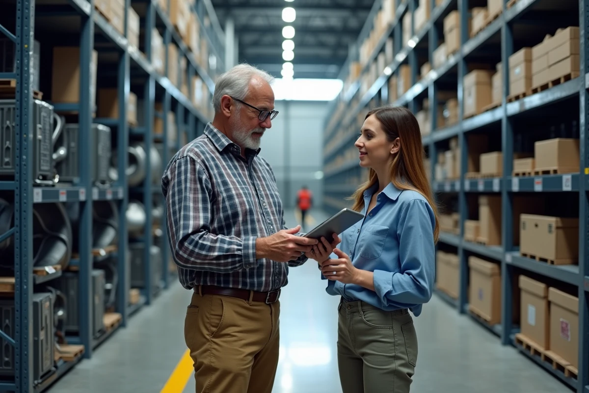 Ingenieur discutant avec collegue dans stockage de pieces auto