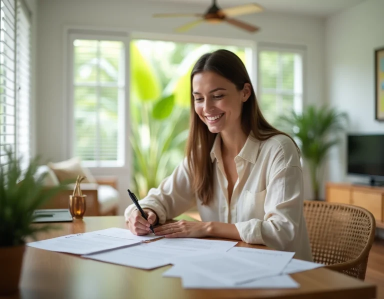 Femme consultant des documents administratifs dans un appartement moderne en Nouvelle-Calédonie lors de son installation