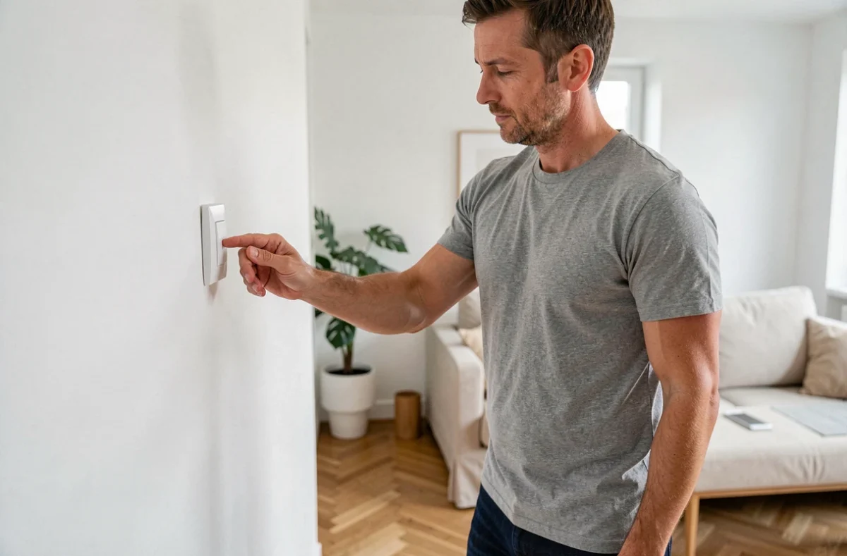 Homme installant un interrupteur sans fil sur un mur blanc dans un salon moderne