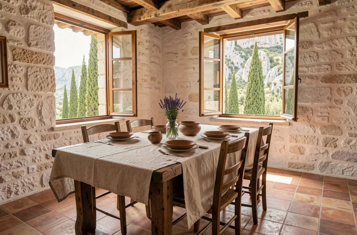 Intérieur authentique d'une location de vacances provençale dans le Verdon avec poutres apparentes, carrelage en terre cuite et vue sur les collines