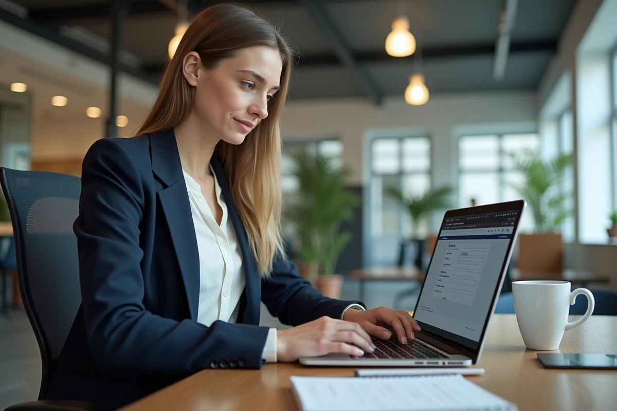 Jeune femme en espace de coworking soumettant une demande de remboursement EF en ligne sur son ordinateur