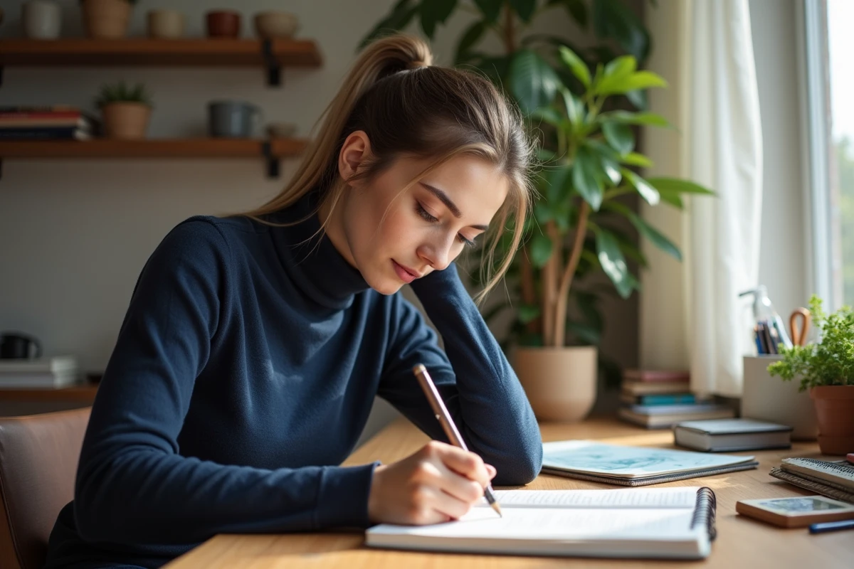 Jeune femme dessinant dans un espace de travail cosy