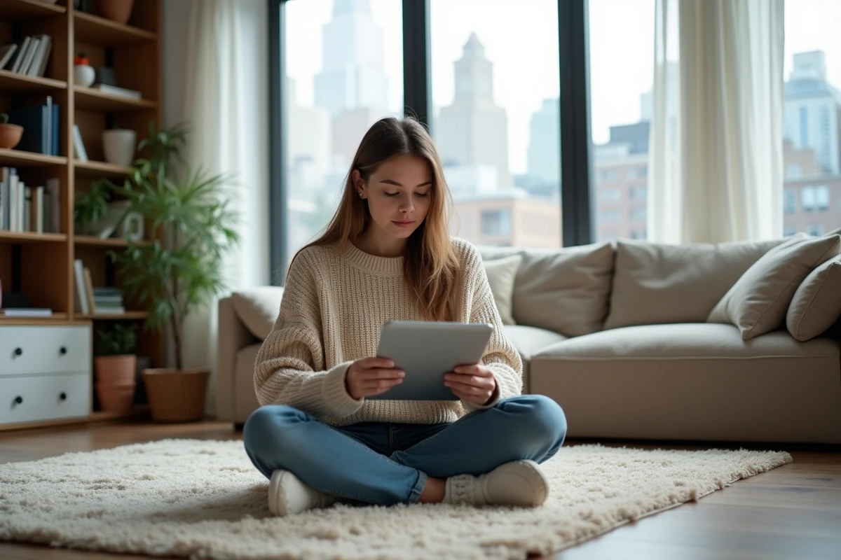Jeune femme lisant des actualites sur sa tablette dans un salon