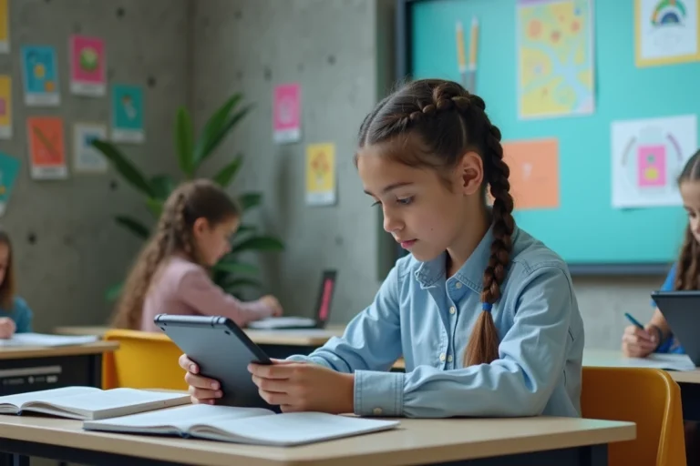 Jeune fille avec tresses utilisant une tablette en classe