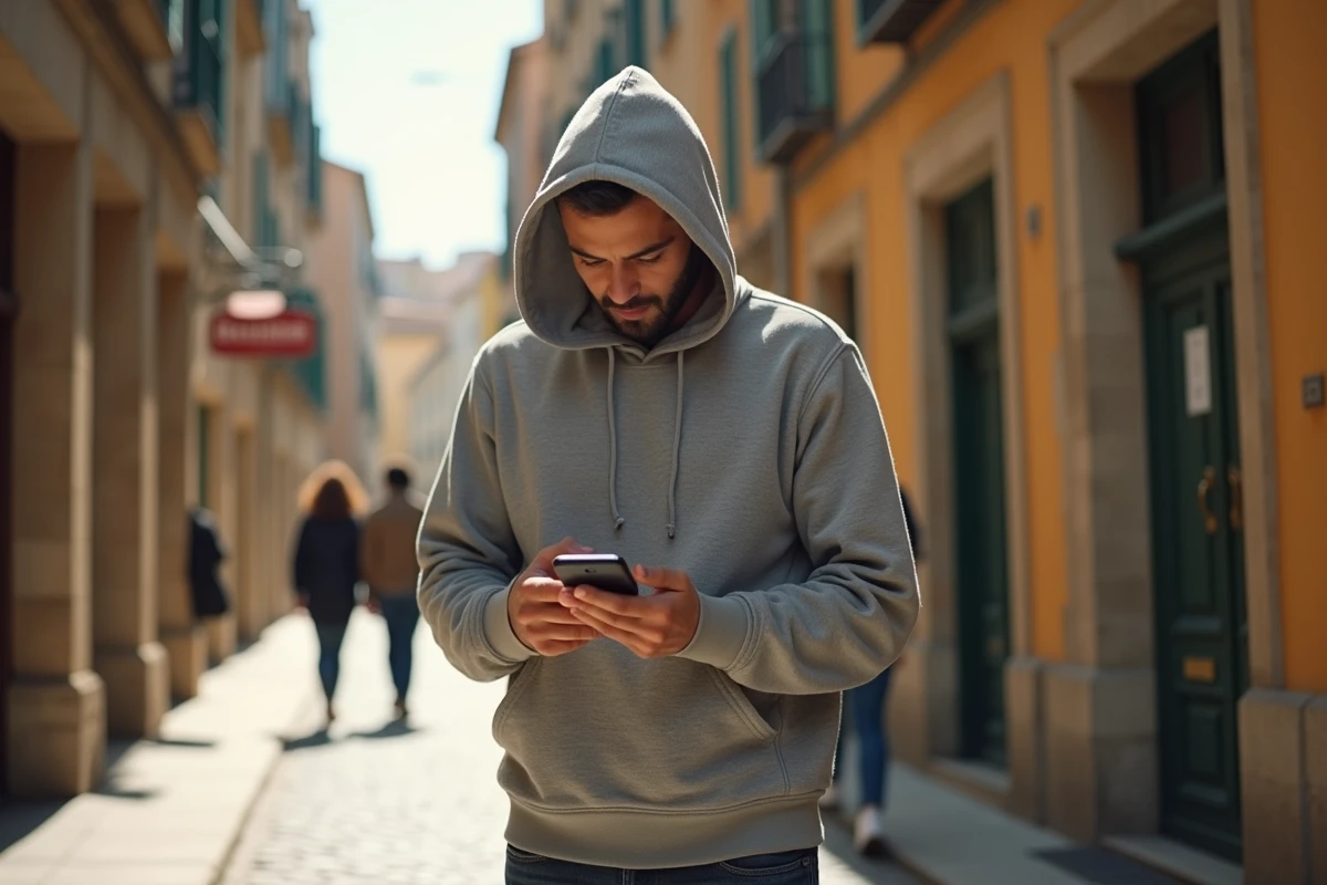 Jeune homme dans une rue française consultant son téléphone pour un numéro avec indicatif régional 04 12
