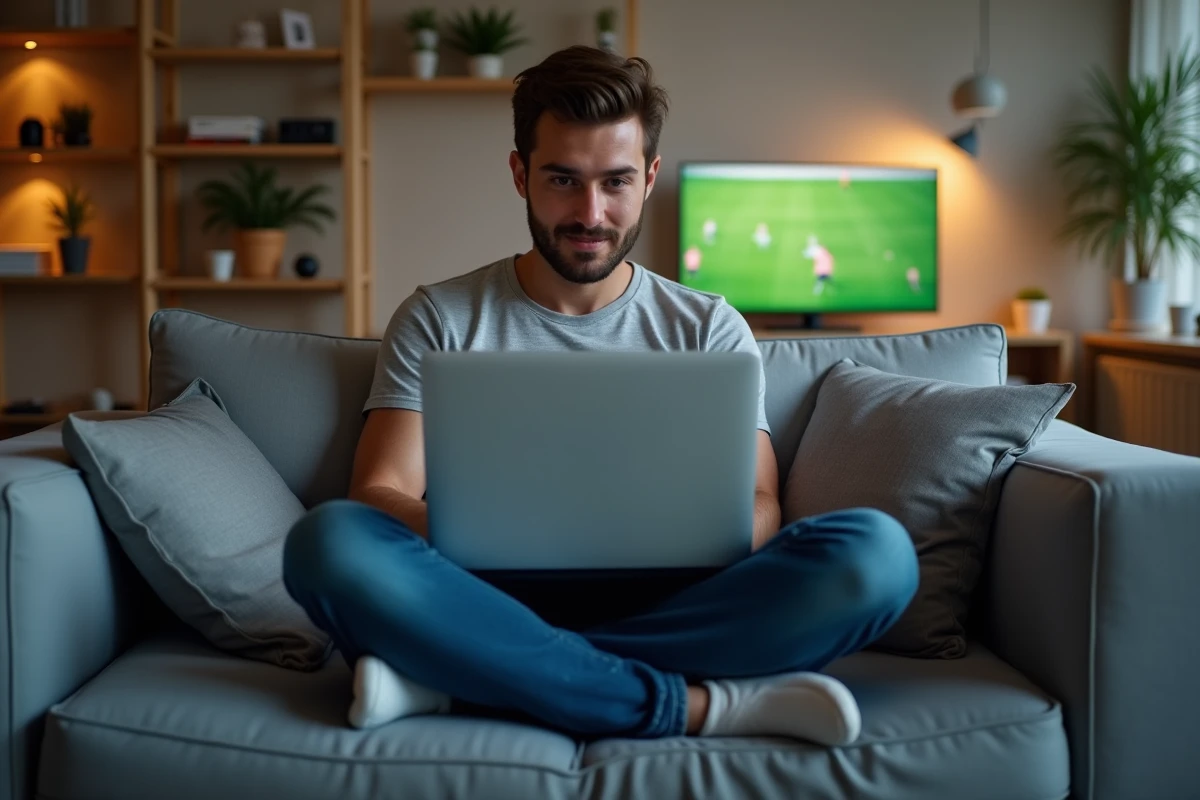 Jeune homme assis sur un canapé regardant un match sportif