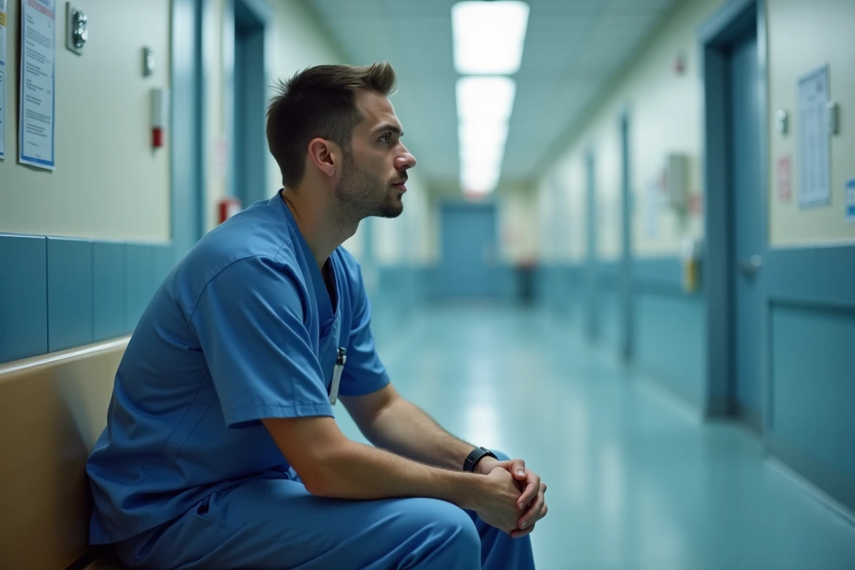 Jeune medecin resident en scrubs dans un couloir d