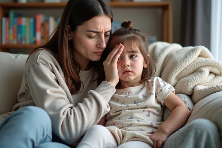 Maman vérifiant la fièvre de sa fille à la maison