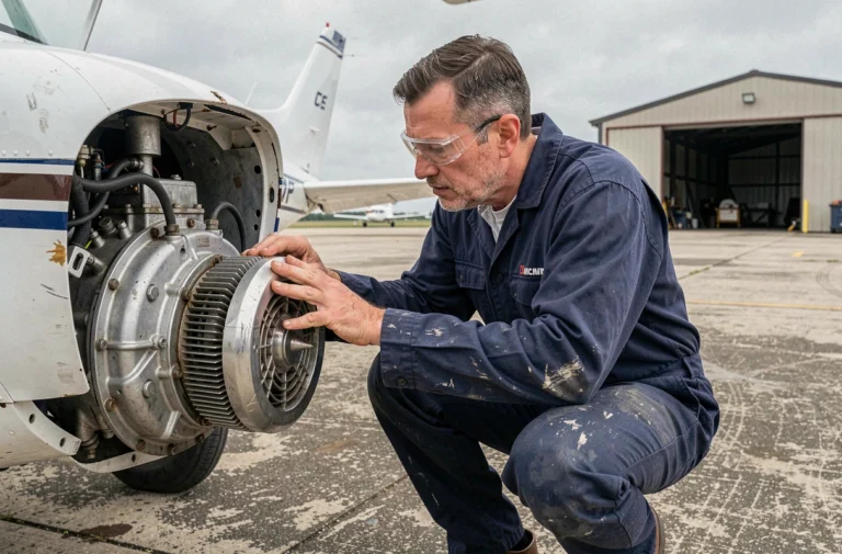 Mécanicien inspectant le moteur d'un Cessna 172B lors d'une révision d'entretien sur le tarmac d'un aérodrome