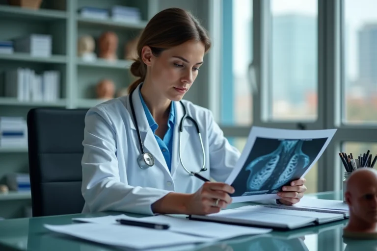 Medecin femme en blouse blanche et MRI dans un bureau moderne