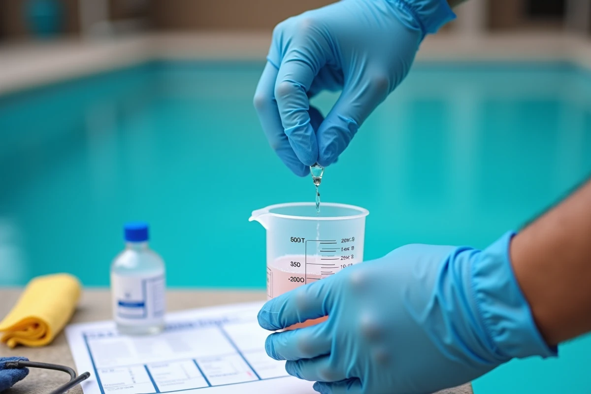 Mains gantées mesurant de l'acide muriatique pour corriger l'alcalinité totale d'une piscine