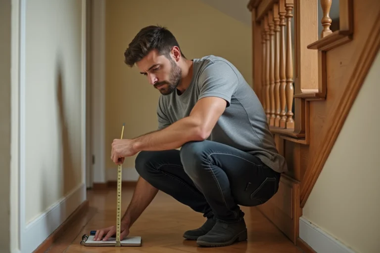 Homme mesurant la largeur d'un escalier en bois avec un mètre ruban pour vérifier si un meuble peut passer
