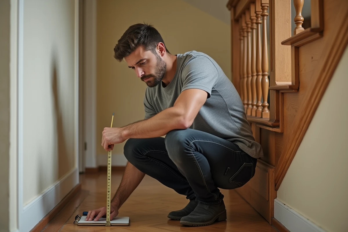 Homme mesurant la largeur d'un escalier en bois avec un mètre ruban pour vérifier si un meuble peut passer