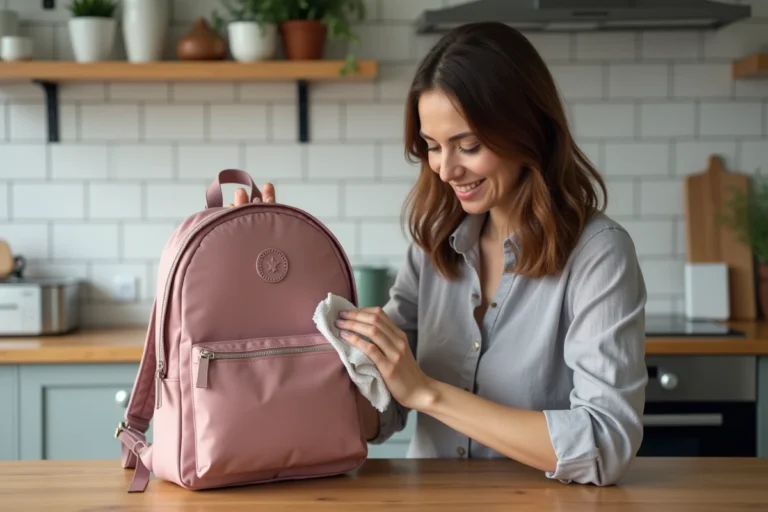 Femme nettoyant un cartable Kipling rose avec un chiffon humide sur une table en bois dans une cuisine moderne