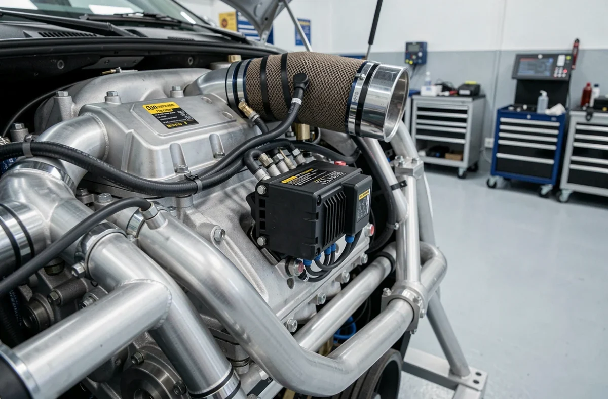 Gros plan sur un moteur turbocompressé optimisé avec admission d'air sport et calculateur ECU visible dans un atelier de préparation automobile