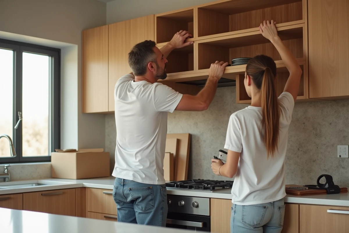 Père et fille installant des étagères dans une cuisine moderne