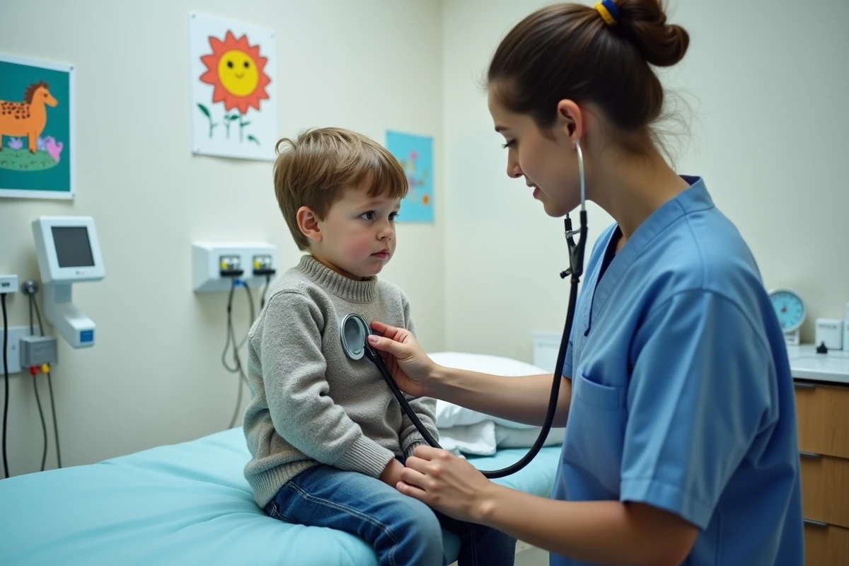 Pediatre auscultant un jeune garçon dans une clinique