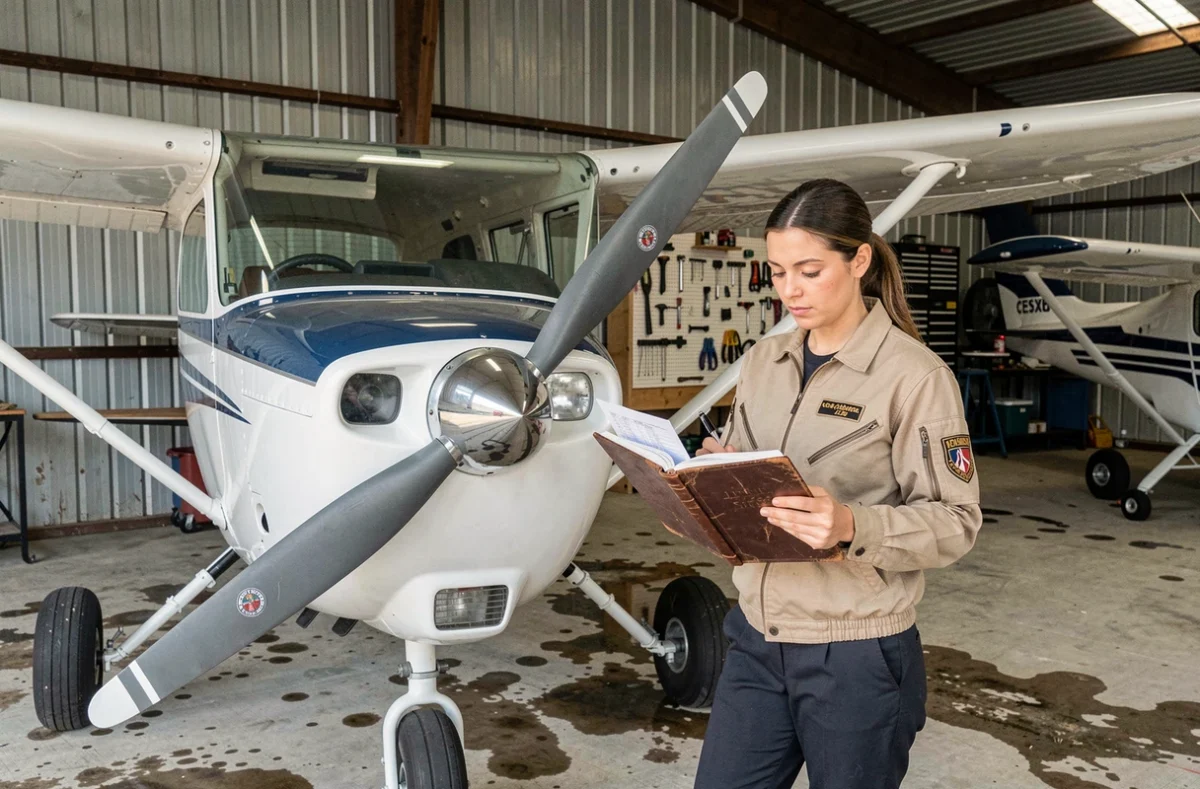 Pilote consultant le carnet de maintenance d'un Cessna 172B à l'intérieur d'un hangar d'aviation générale