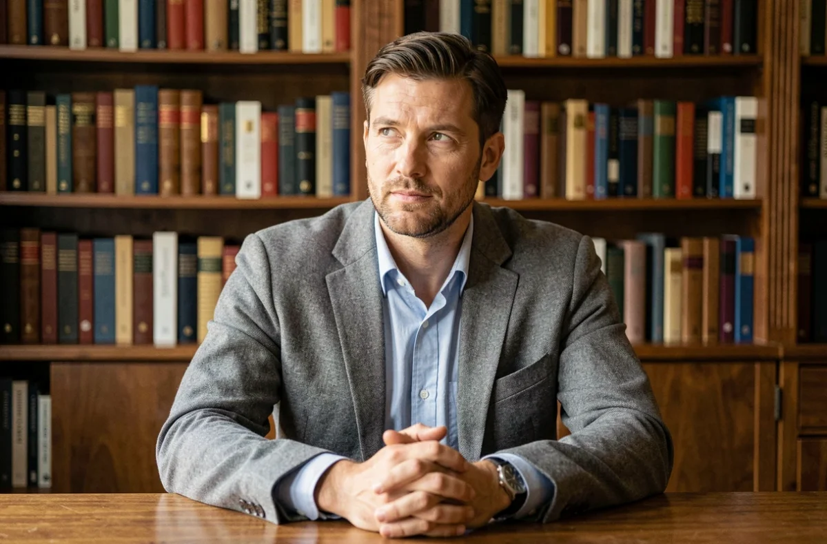 Portrait d'un homme politique intellectuel dans une bibliothèque privée, ambiance studieuse et vie personnelle discrète