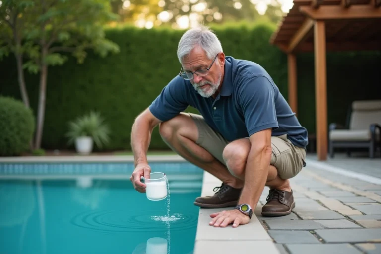 Homme ajoutant un produit chimique pour réduire l'alcalinité de sa piscine