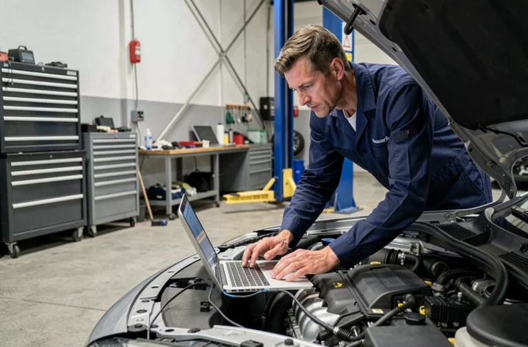 Technicien automobile connectant un outil de diagnostic OBD-II pour la reprogrammation moteur d'une berline européenne en atelier professionnel
