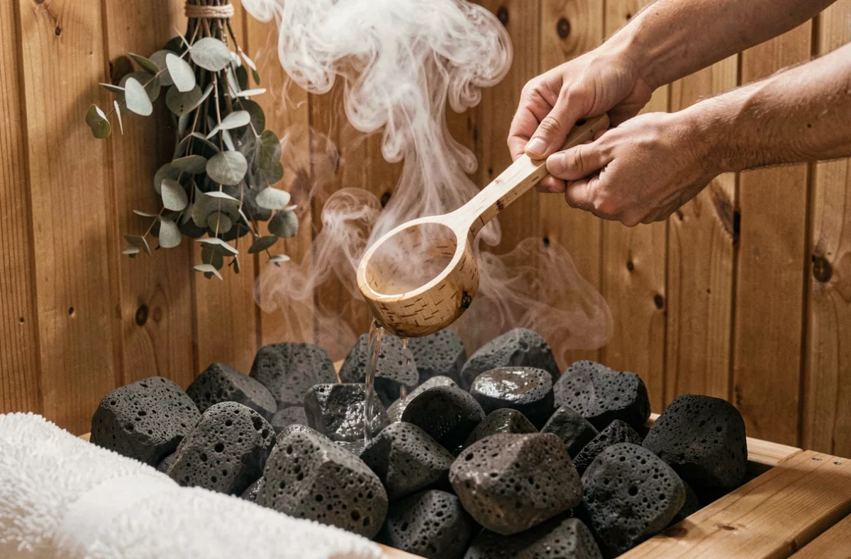 Gros plan de mains versant de l'eau sur des pierres chaudes dans un sauna en bois de pin avec vapeur montante et eucalyptus séché