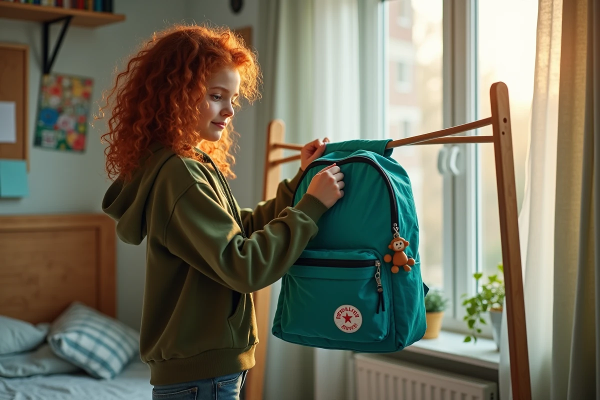 Adolescente faisant sécher un cartable Kipling sarcelle sur un séchoir en bois près d'une fenêtre ouverte dans une chambre d'étudiant