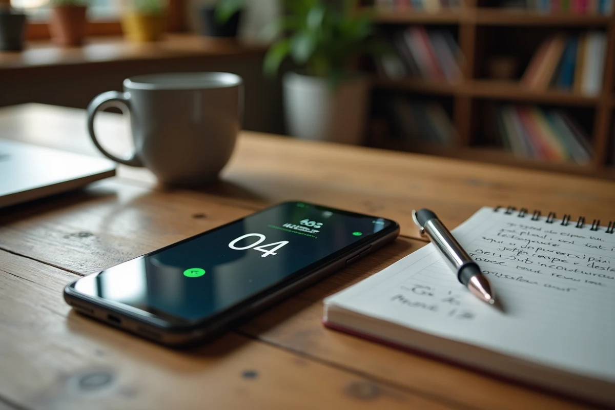 Gros plan d'un smartphone affichant un numéro avec l'indicatif 04 12 posé sur un bureau en bois avec un bloc-notes
