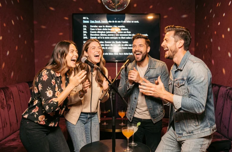 Groupe d'amis qui chantent ensemble dans un bar karaoké privé à Lyon, ambiance festive et conviviale