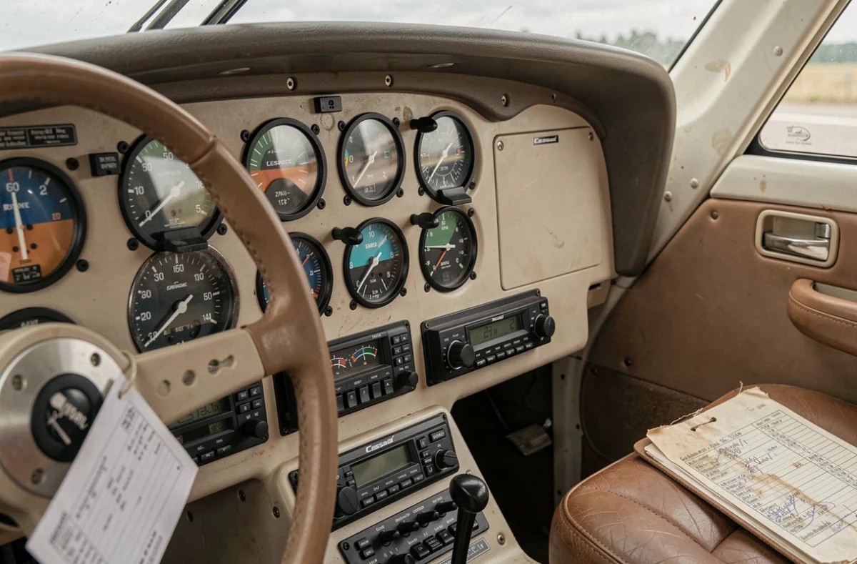Tableau de bord analogique d'un Cessna 172B montrant les instruments de vol et l'avionique classique