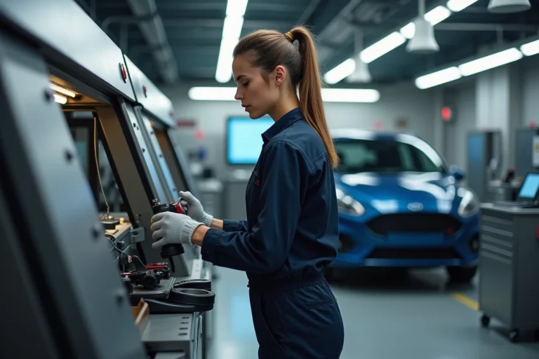 Technicienne automobile en atelier avec machine à pneus
