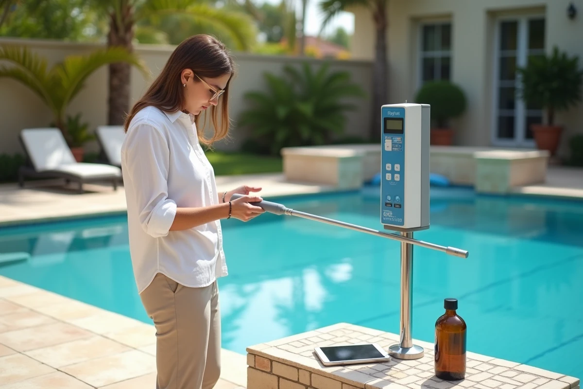 Femme testant le pH et l'alcalinité de l'eau de piscine avec un kit numérique
