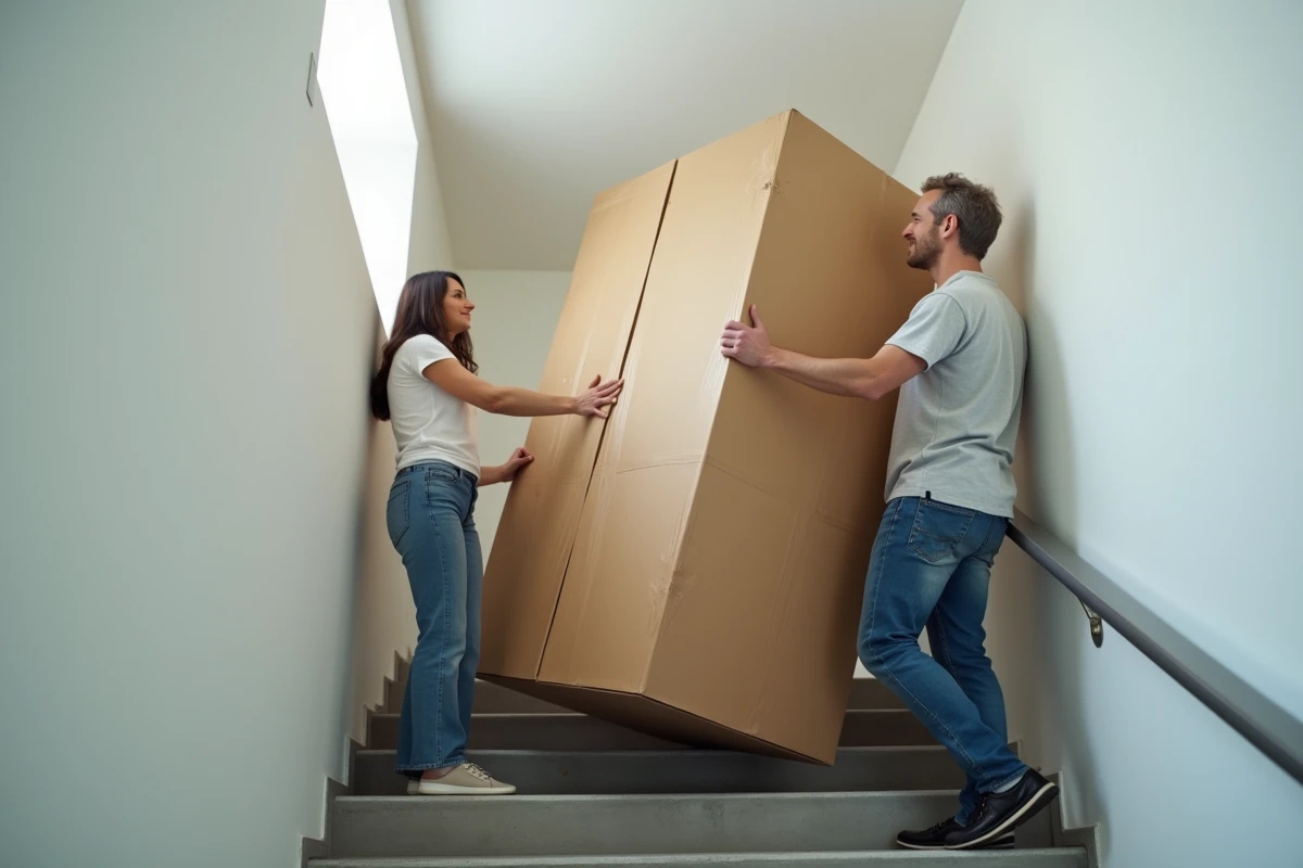 Deux personnes manœuvrant une grande armoire emballée dans un escalier étroit d'appartement moderne