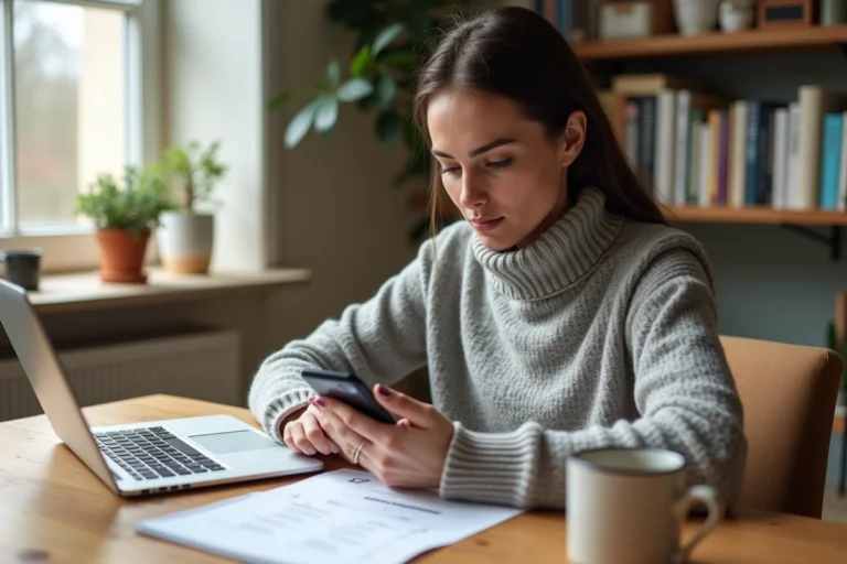 Femme adoptant une utilisation responsable de son smartphone en posant l'appareil face contre le bureau dans un espace de travail à domicile organisé