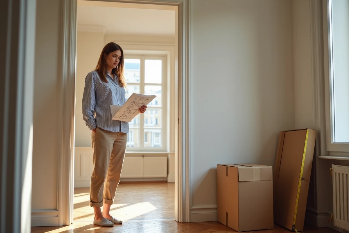 Femme vérifiant les dimensions d'un meuble en carton avec un mètre ruban avant de le faire monter dans l'escalier