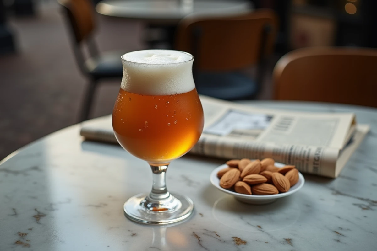 Verre de picon bière posé sur une table de café parisien avec journaux et amuse-bouches